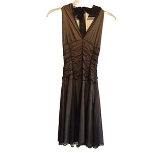 Heart Moon Star Black Mesh Halter Dress Ruched V-Neck Mini Cream Liner Small USA